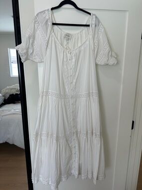 Cleobella White Boho Tiered Midi Dress with Lace Inserts